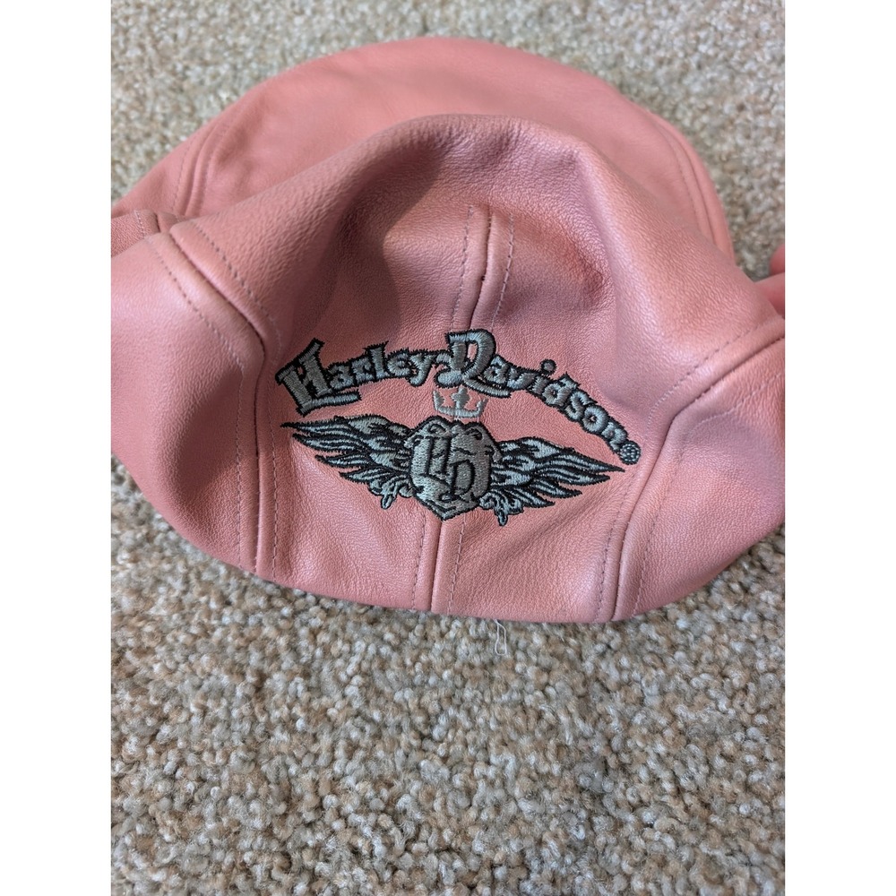 Harley-Davidson Womens Pink Leather Flat Cap Newsboy Hat Embroidered Logo - Picture 7 of 12